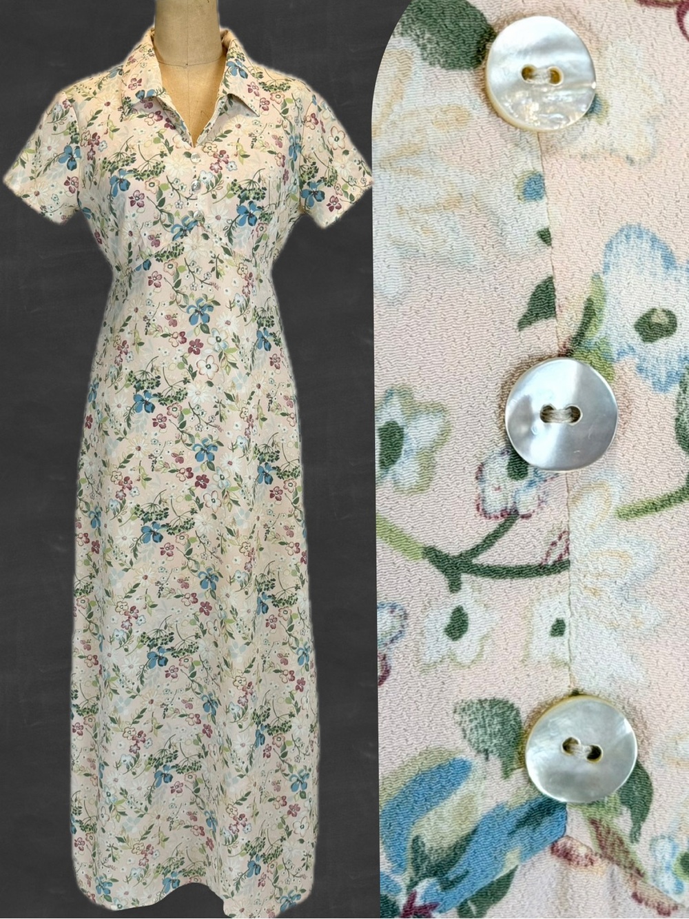 VINTAGE 80s pastel flower garden dress long maxi short sleeve tie back floral